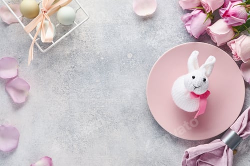 Preview: Easter table setting with floral decor on grey table. Elegance dinner. Mock up. Top view.
