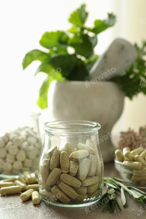 Preview: Concept of herbal medicine pills, close up
