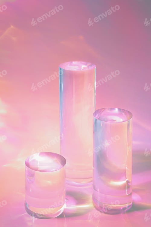 Preview: three clear glass cylinder podiums on pastel holographic colored background