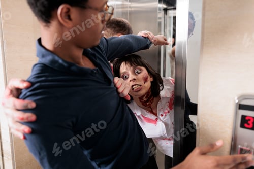 Preview: Scary undead zombies coming out of elevator pulling businessman