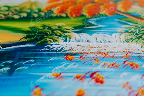 Preview: A stream of fresh water painted on a canvas, detail.