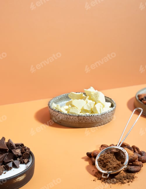 Preview: Creative isometric diagonal projection composition with healthy ingredient organic cocoa products