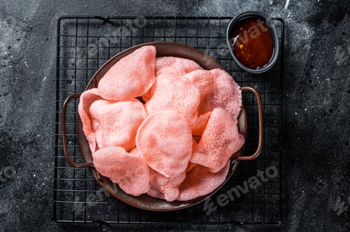 Preview: Vietnamese prawn shrimp crackers, chips, kerupuk. Asian fastfood. Black background. Top view