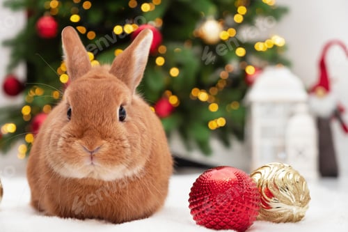 Preview: Cute red bunny lying near Christmas tree