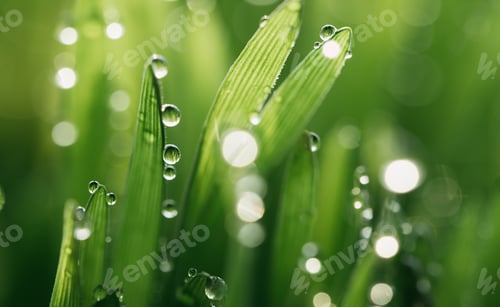 Preview: Wet spring green grass backround with dew lawn natural.