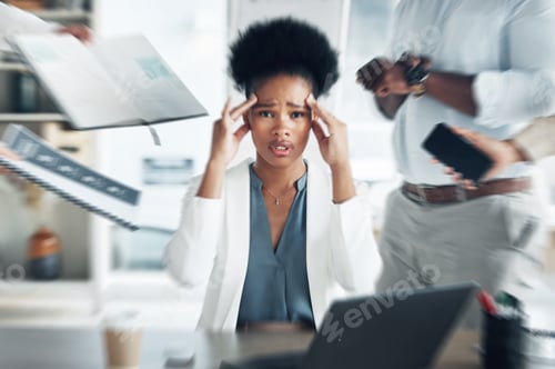 Preview: Stress, headache and portrait of an overworked black woman with burnout, management anxiety and tir