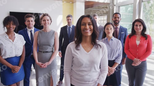 Visualização: Retrato de uma equipe de negócios multicultural em pé juntos em um moderno escritório de plano aberto