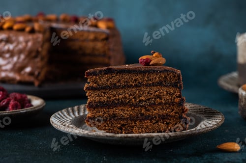 Preview: Chocolate Austrian dessert Sacher with apricot jam and nuts.