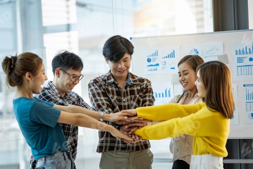 Preview: Group of young Asian businessmen business people creative office colleagues happy to succeed in part