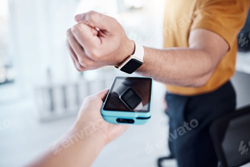 Preview: Digital, payment and smart watch with hands of people for finance, online banking and cashless. Te