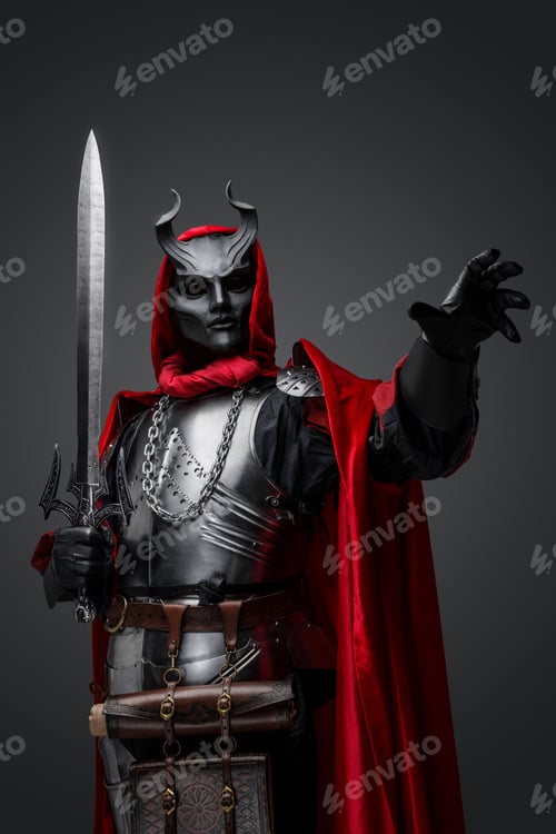 Preview: Powerful dark knight with sword isolated on grey background