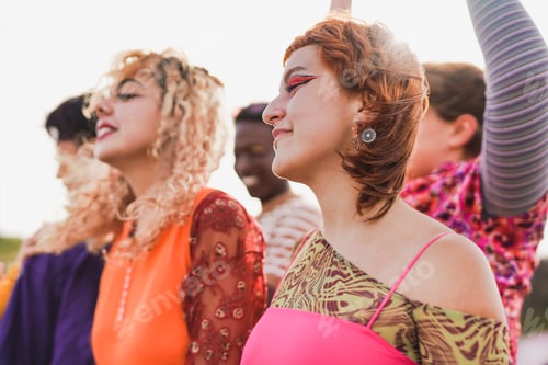 Preview: Group of multiracial people dancing at music concert outdoor during summer time