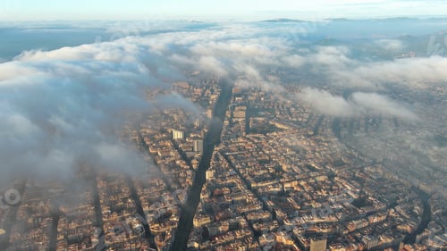Preview: Aerial view of Barcelona City above the clouds and fog, Catalonia, Spain