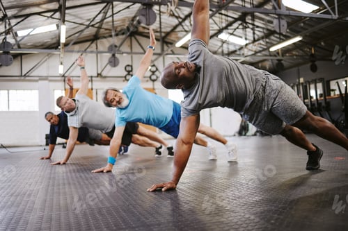Preview: People, fitness and side plank in class with personal trainer for workout, stretching exercise or t