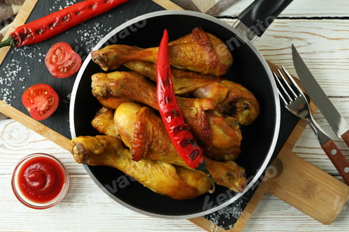 Preview: Concept of delicious eating with pan of roast chicken drumsticks on white wooden table