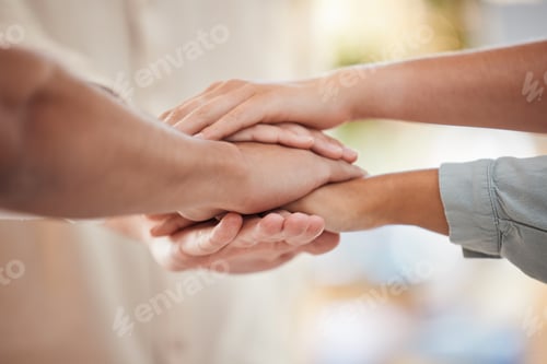 Preview: Hands, teamwork and employee collaboration together in office workplace. Entrepreneur startup motiv