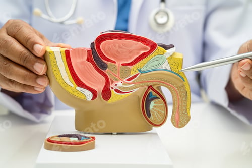 Preview: Male reproductive system, Asian doctor holding human anatomy