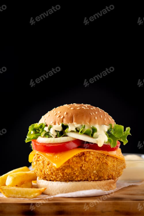 Preview: Crispy chicken burger with cheese and french fries