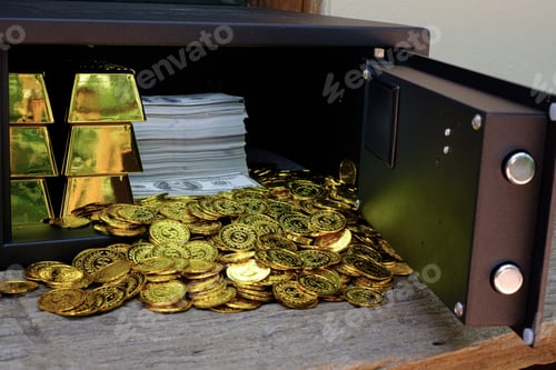 Preview: Steel safes box full of coins stack and gold bar and banknote 100 USD on the wooden table