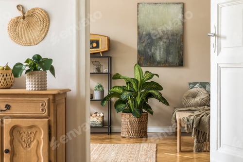 Preview: Interior design of oriental style living room with modern chaise longue.