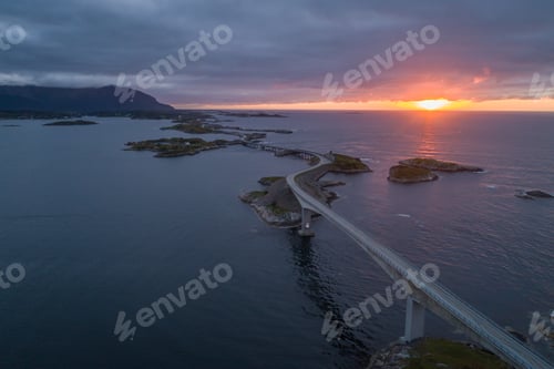 Preview: Atlantic Road in Norway at Sunset. Dramatic Sky. Aerial View