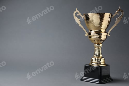 Preview: Golden trophy cup on grey background. Space for text