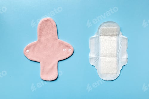 Preview: set of colorful bright reusable menstrual pads. zero waste woman periods concept top view