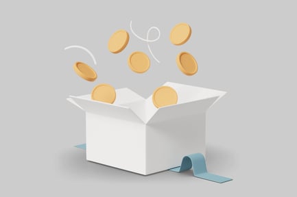 Preview: Abstract golden coins flying out of a white box.