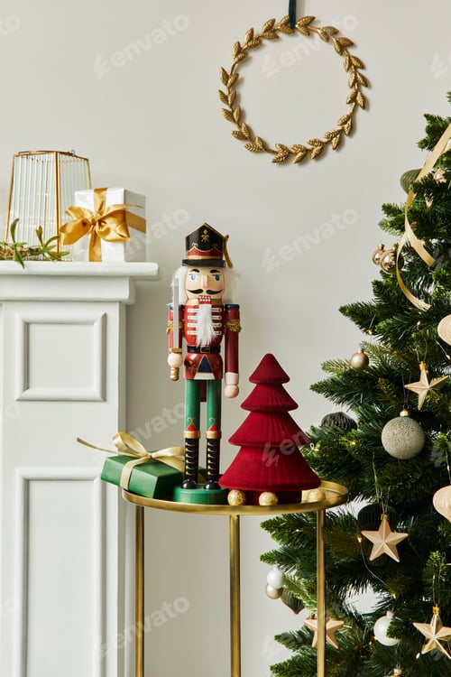 Preview: Stylish christmas composition at living room interior with christmas tree and decoration