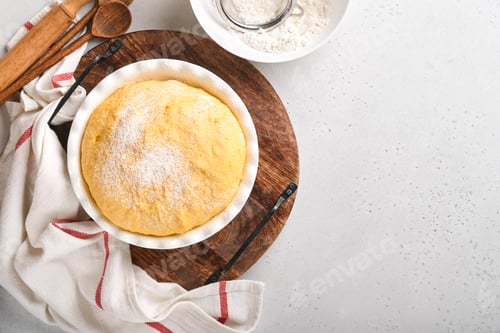 Preview: Raw yeast dough with pumpkin in white bowl covered with towel on the floured kitchen table, recipe i