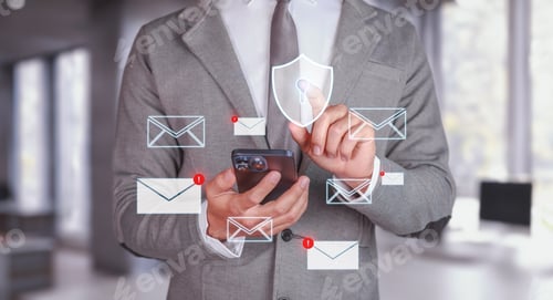 Preview: Cybersecurity and Email Protection. Businessman using smartphone with email notifications.