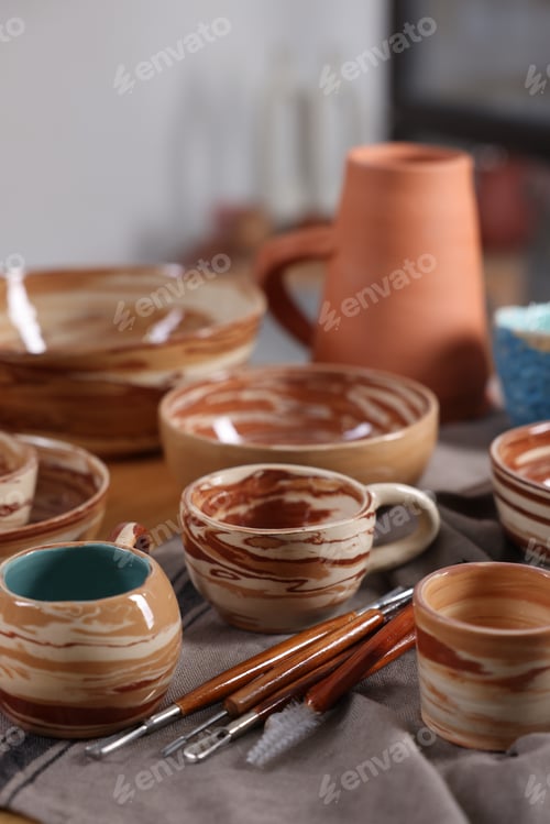 Preview: Different beautiful pottery and set of clay crafting tools on table indoors, closeup