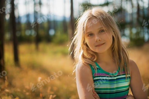 Preview: A child with long blonde hair in woodland by a lake.