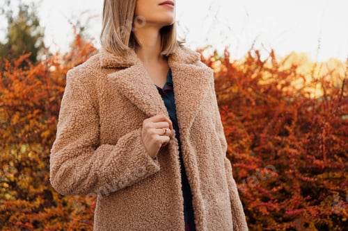 Preview: Closeup details of a Teddy bear coat and a woman hand holding the collar. Clothing industry
