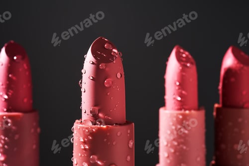 Preview: Red lipsticks with water drops on a dark background.