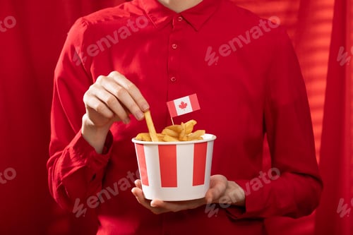 Preview: Canada Day traditional food concept. A girl in a classy cafe eats in Canada. Breakfast and lunch.