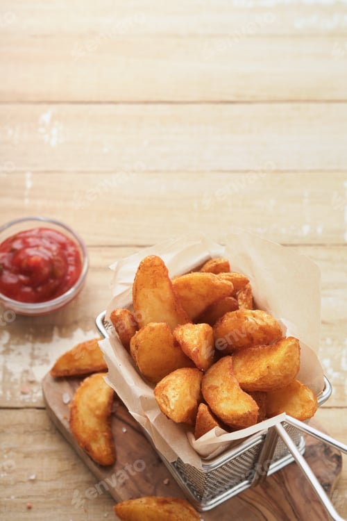 Preview: French fries in metal wire basket with salt and ketchup on old wooden light background clous up. Fri