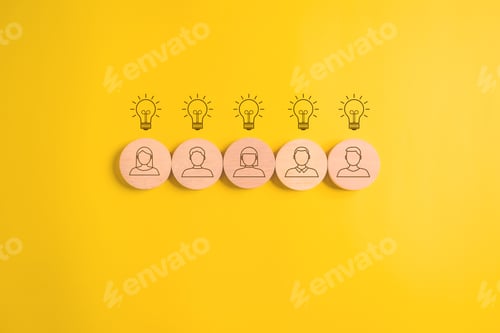 Preview: People employees icons on wooden blocks, Business and teamwork concept, Unity of company,
