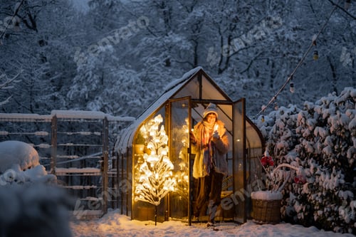 Preview: Snowy yard with glasshouse and glowing tree graland