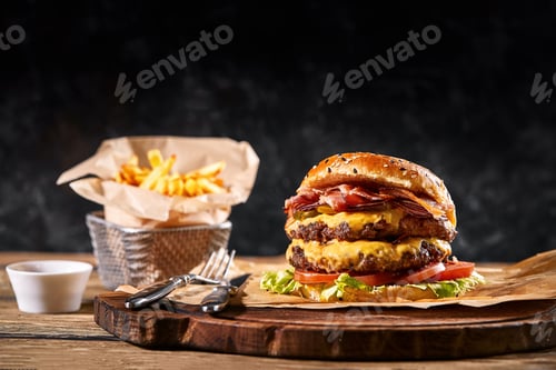 Preview: Set of hamburger and french fries. A standard set of drinks and food in the pub, beer and snacks