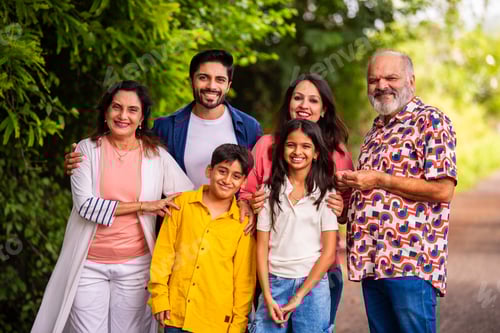 Visualização: Família indiana se unindo alegremente enquanto está ao ar livre e sorrindo juntos