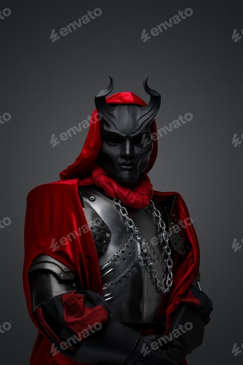 Preview: Mysterious dark knight with devil mask against gray background