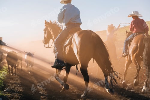 Preview: Cowboys on horses lassoing bull, Enterprise, Oregon, United States, North America