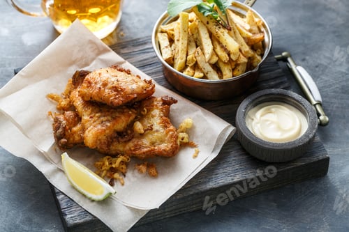 Preview: Close view of fish and chips on dark background