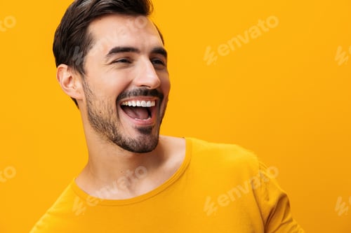 Preview: Trendy man fashion portrait studio gesture background lifestyle