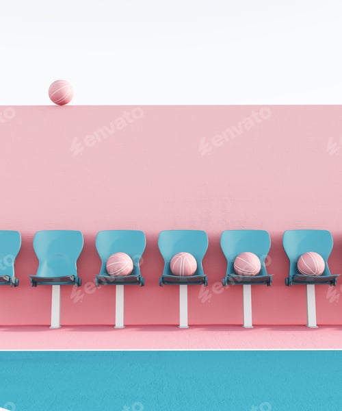 Preview: abstract pastel pink blue color basketball court with seats and ball minimalistic composition. 3d