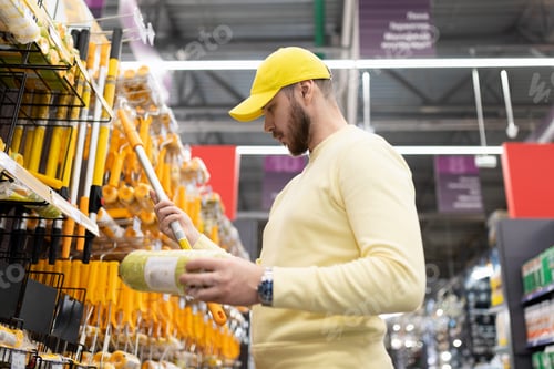 Preview: a man chooses a roller for decorative plaster in a hardware store