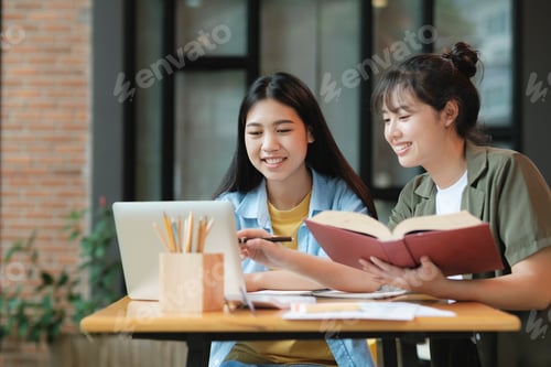 Preview: Young asian students campus helps friend catching up and learning.