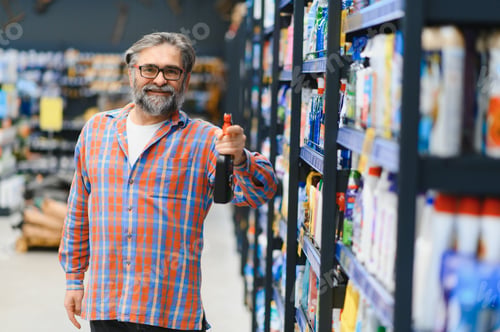 Preview: Adult man buyer chooses cleaning products in household chemicals store