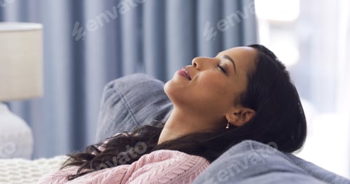 Preview: Fatigue, woman and sleeping to relax at house for afternoon nap, weekend break and comfort in loung